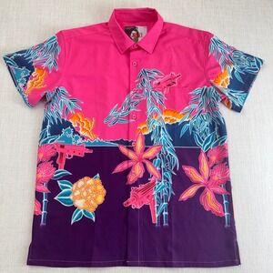 Retro Rifle Scarface V2 Pink Purple Tropical Gun Print Button Down Shirt Mens L
